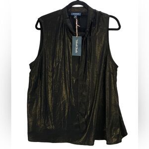 ModCloth Wm’s Sz 1X Black Gold Shimmer Woven You Know Tie Neck Sleeveless Blouse